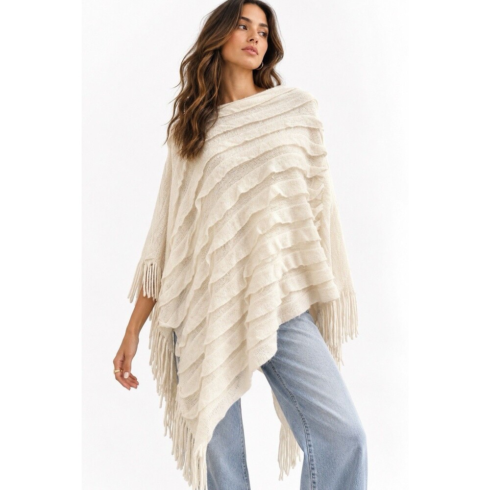a.n.a A New Approach Ivory Ruffle Knit Fringe Poncho Shawl One Size